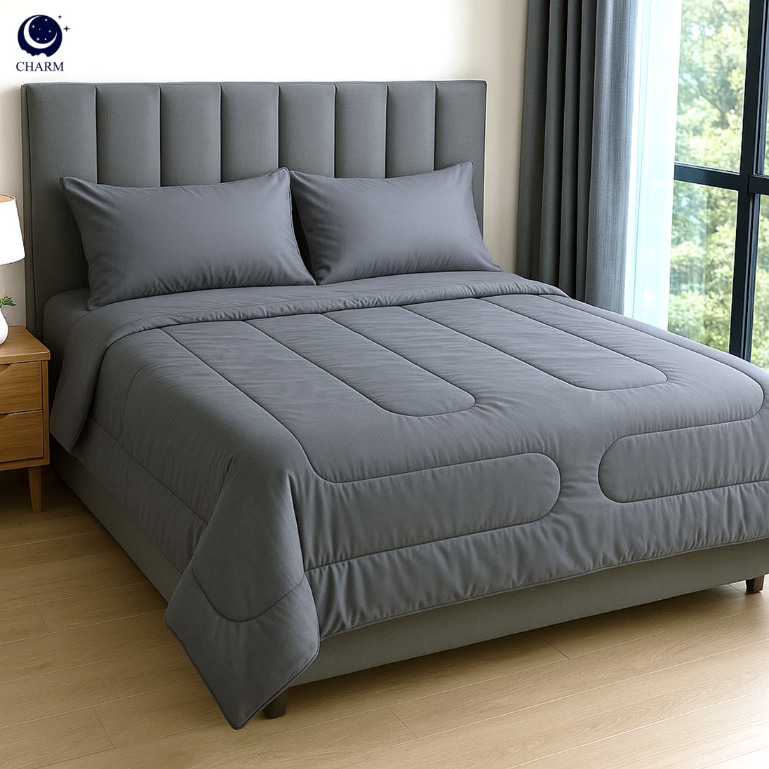 CHARM ชุดผ้าปูที่นอนพร้อมนวม 6 ฟุต 6 ชิ้น – สี DARK GREY คอลเลคชั่น CLASSIC_0